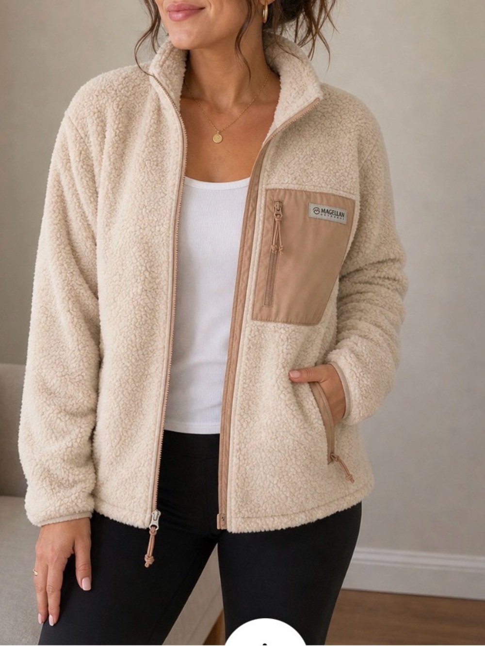 NWT Magellan Outdoors Ladies Cream Sherpa Jacket with Tan Pocket